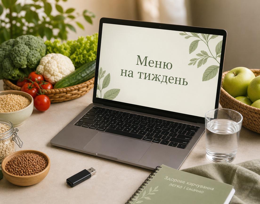 Флешка біля ноутбука з написом «Меню на тиждень», поруч овочі та крупи